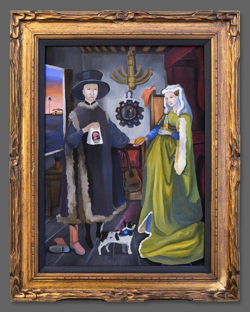 The Wedding by Caya Crum fine art print with vintage style couple and cat in ornate gold frame