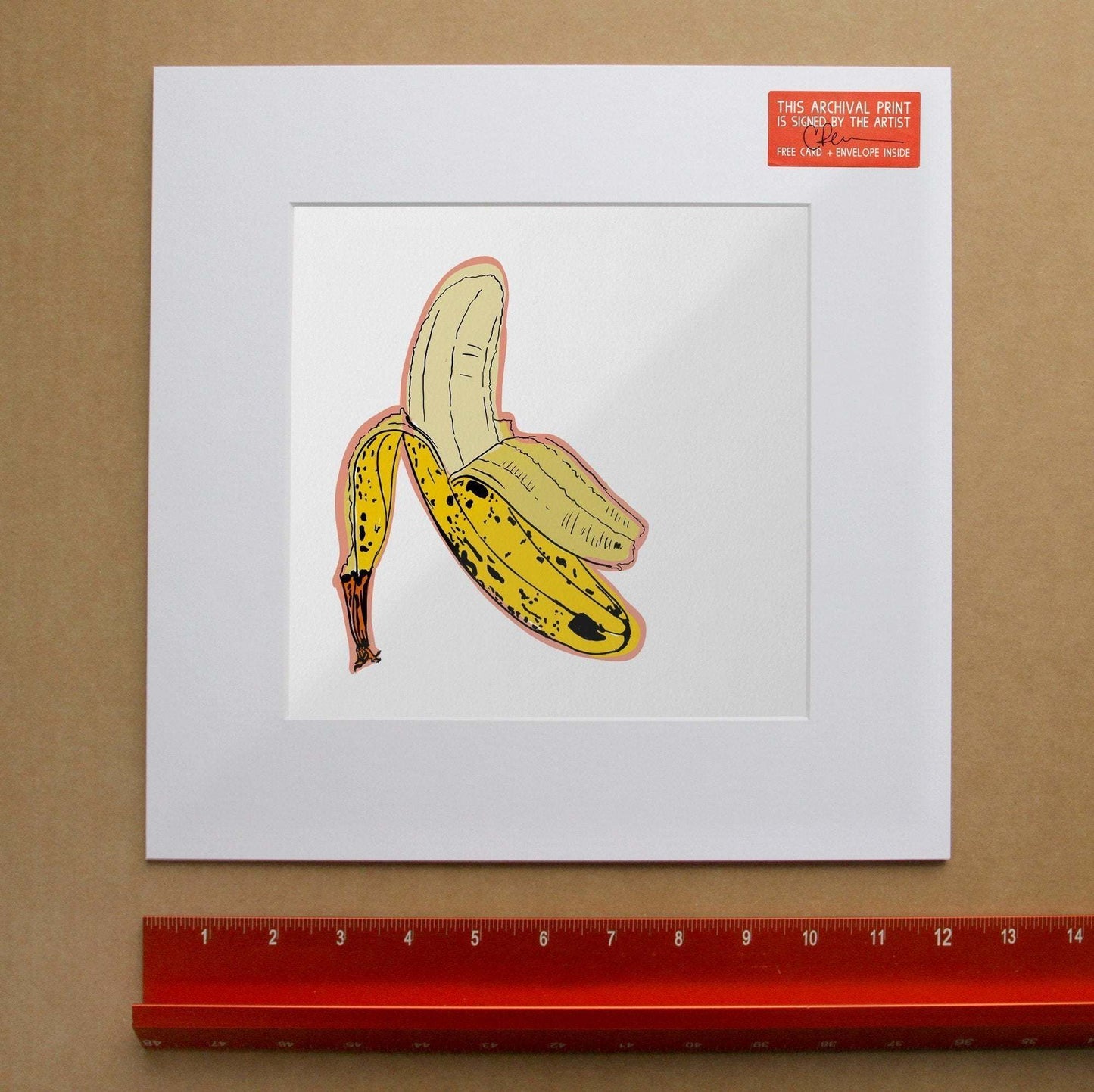 Banana print Warhol style artwork on white acid-free cotton paper with artist signature and matting.