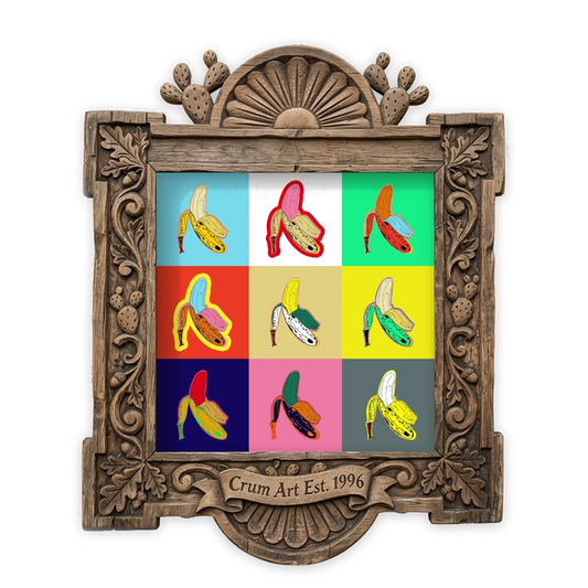 Banana Pop — maximalist wall art print by Betsy Crum in a square carved wood frame