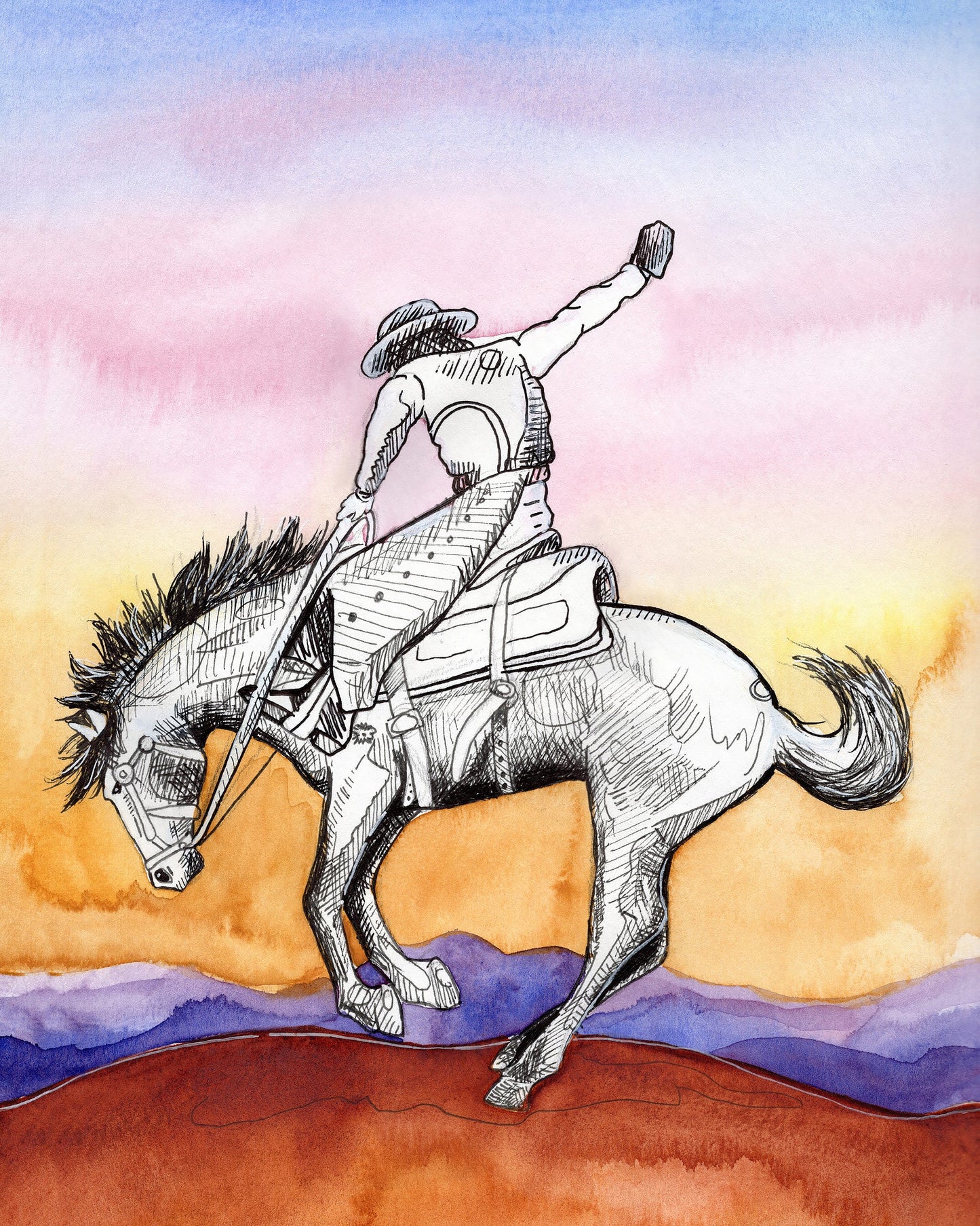 Western Gifts Art and Prints — Sunset Bronc Buster Desert Rodeo Pop Art | Caya Crum