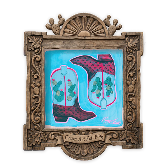 Prickly Pear Cowboy Boots Blue — cactus art print by Caya Crum in a square carved wood frame