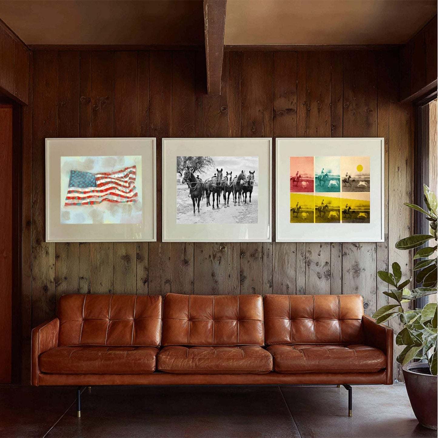 Western Art Set of 3 - Flag, Horses & Roping Print | Crum Art | Texas Art | Western Art Set