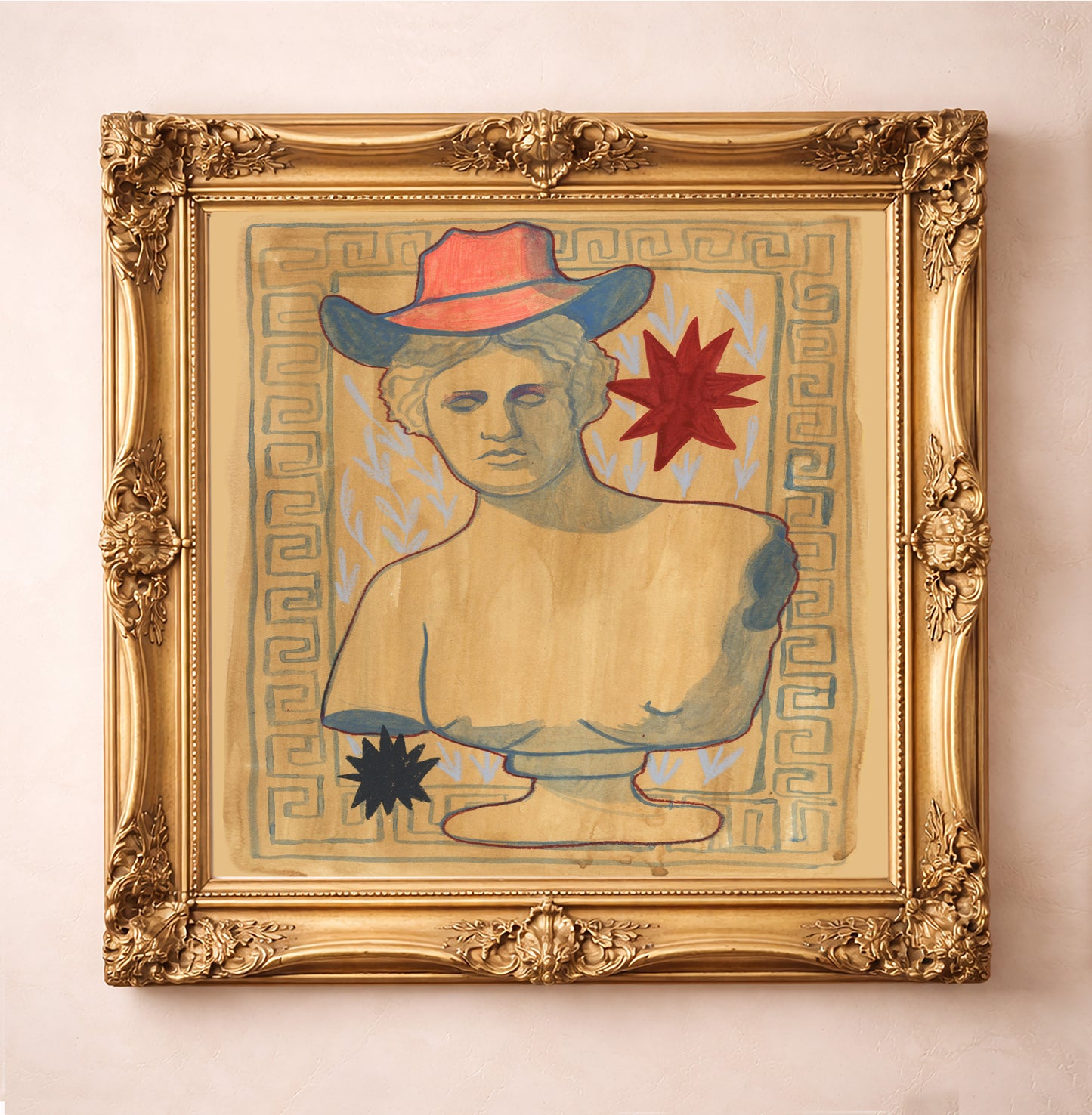 Western Greco Roman Art Print Cowboy Bust by Caya Crum, a matted archival art print in a gold frame inspired by neoclassical sculpture, western iconography, and playful contemporary design, available at crumart.com. This museum quality print is made right here in Texas.