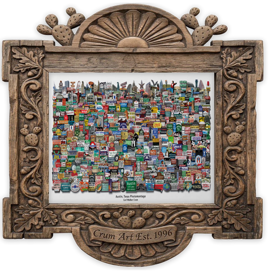 Old Austin Signs Print — art print by Carl Crum in a carved wood frame
