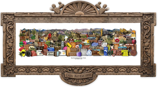 National Park Photomontage — 12x36 panoramic Big Bend art print by Carl Crum in a carved wood frame
