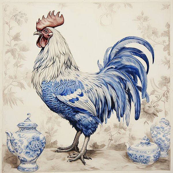 Blue and white Chinoiserie style rooster art print with antique porcelain tea pots by Betsy Crum