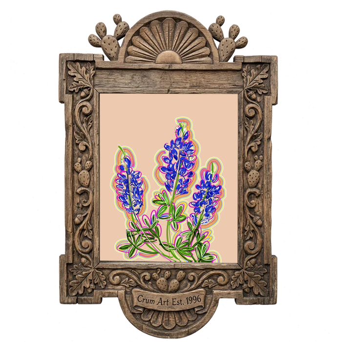 Pink Texas — bluebonnet painting as an art print by Betsy Crum in a carved wood frame
