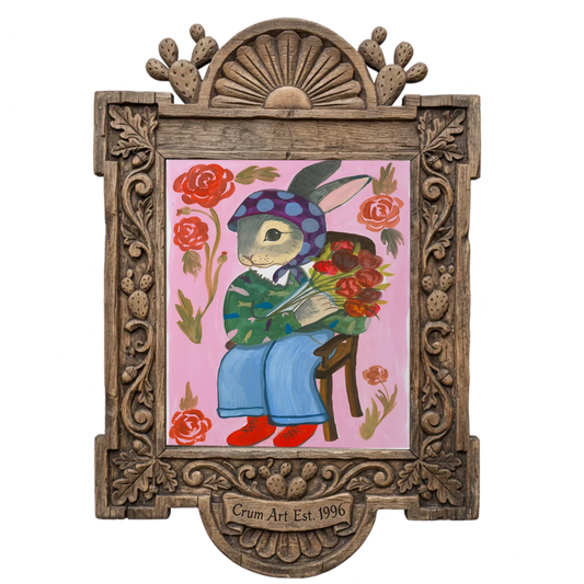 Bunny with Flowers — art print by Caya Crum in a carved wood frame