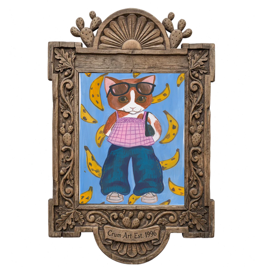 Banana Kitty — art print by Caya Crum in a carved wood frame