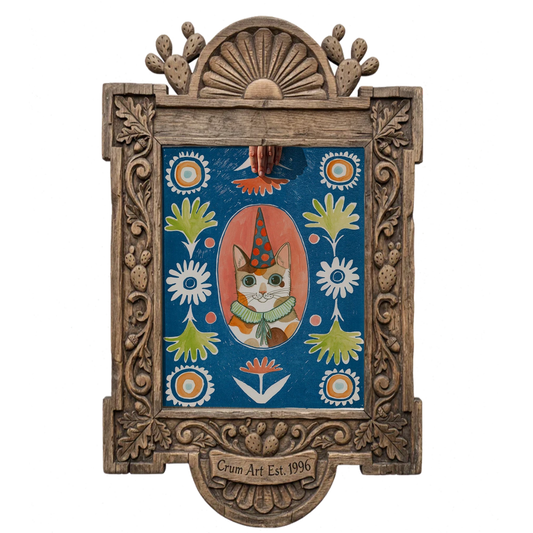 Party Cat Poppett — art print by Caya Crum in a carved wood frame