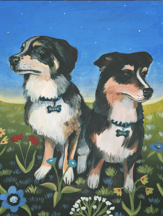 Custom pet portrait by Caya Crum: Rocco and Bear, two Australian shepherds in a wildflower field at dusk