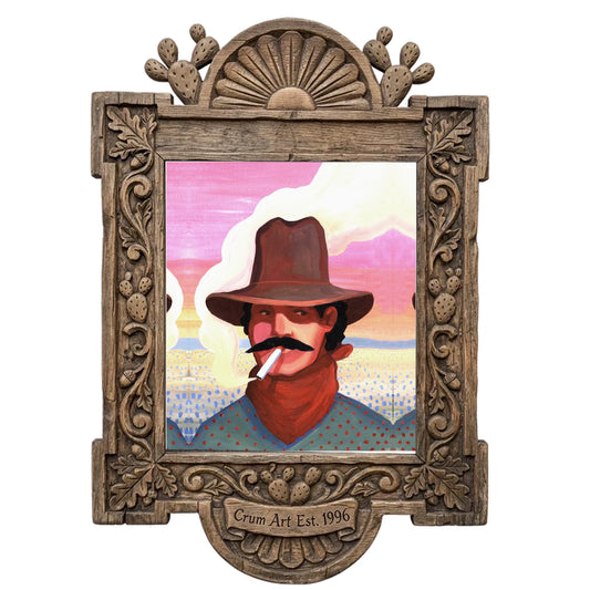 Smoking Cowboy by Caya Crum in a carved wood frame