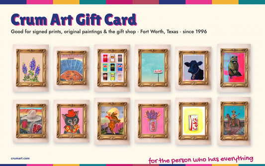 Crum Art gift card: twelve best-selling framed Texas and Western prints on a cream ground with the studio's colour bar