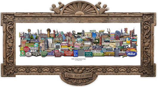 Signs & Landmarks Print — 12x36 panoramic Dallas art print by Carl Crum in a carved wood frame