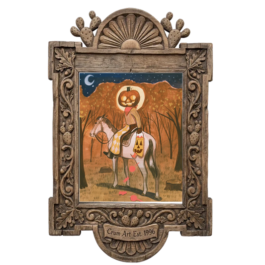Jack-O-Lantern Cowboy by Caya Crum in a carved wood frame — limited edition Halloween art print