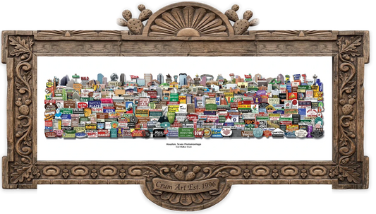 Roadside Photomontage Print — 12x36 panoramic Houston art print by Carl Crum in a carved wood frame