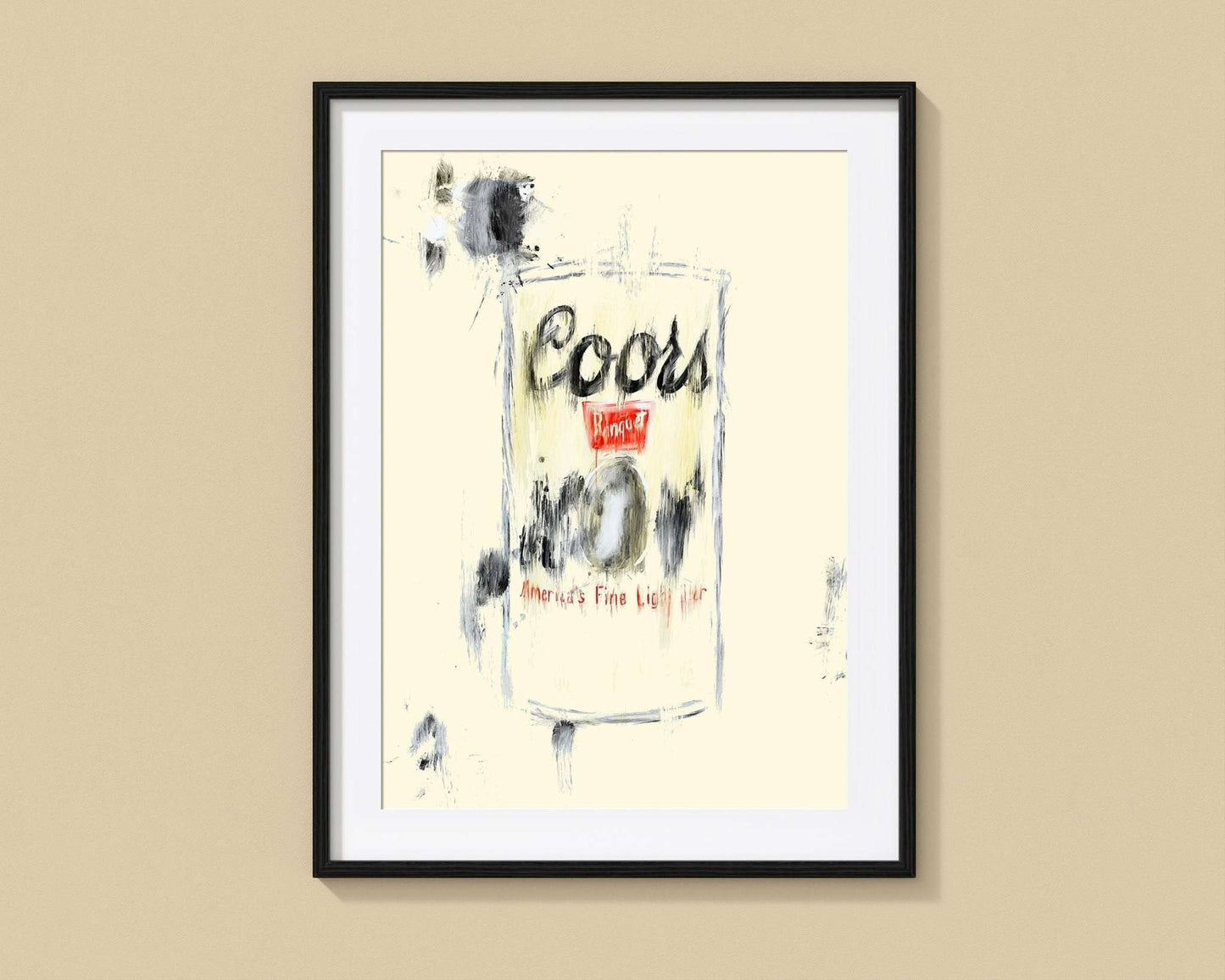 Coors Banquet Beer modern art print by Betsy Crum on cotton rag paper in black frame