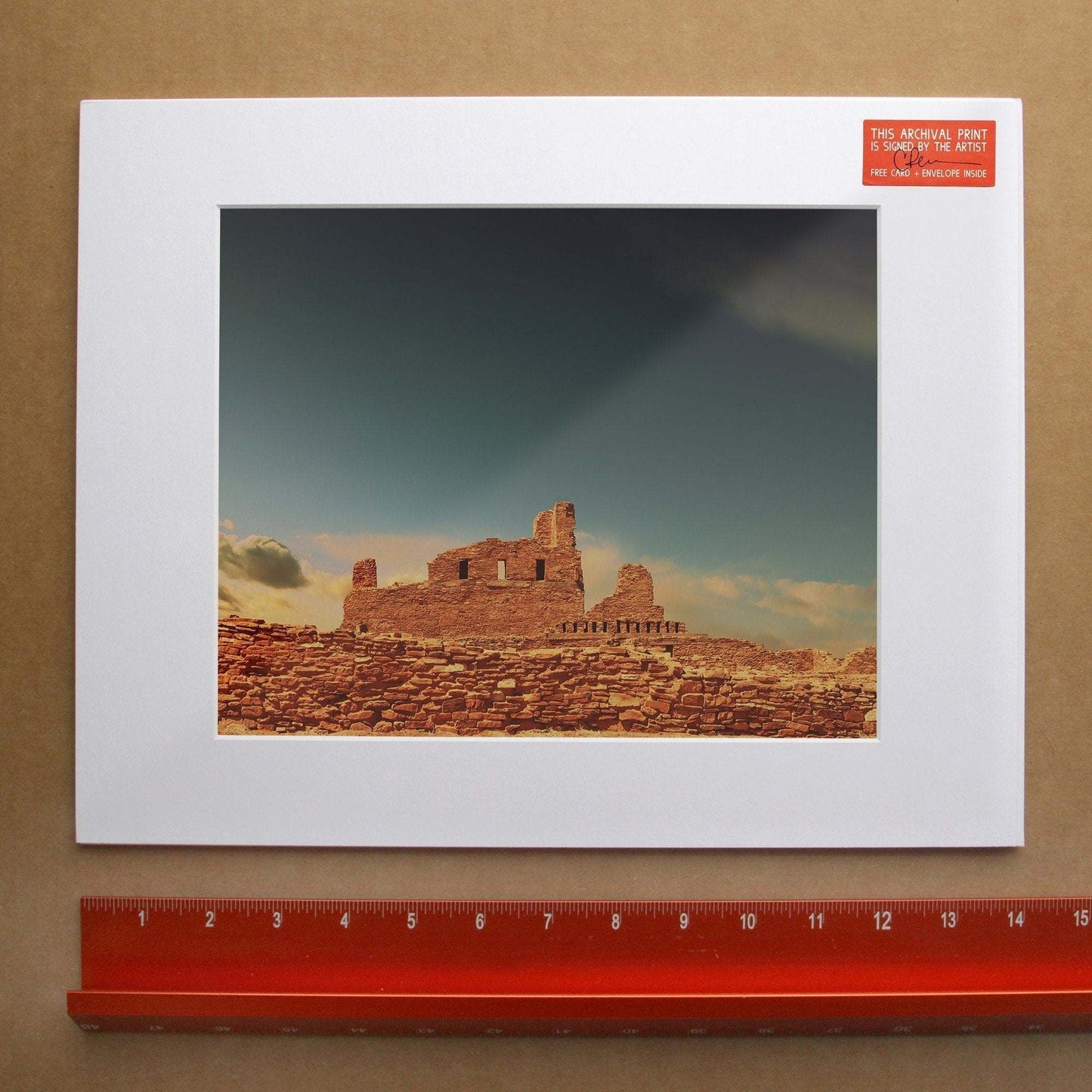ABO Mission ruins print with turquoise sky by Betsy Crum on acid-free cotton paper signed by artist