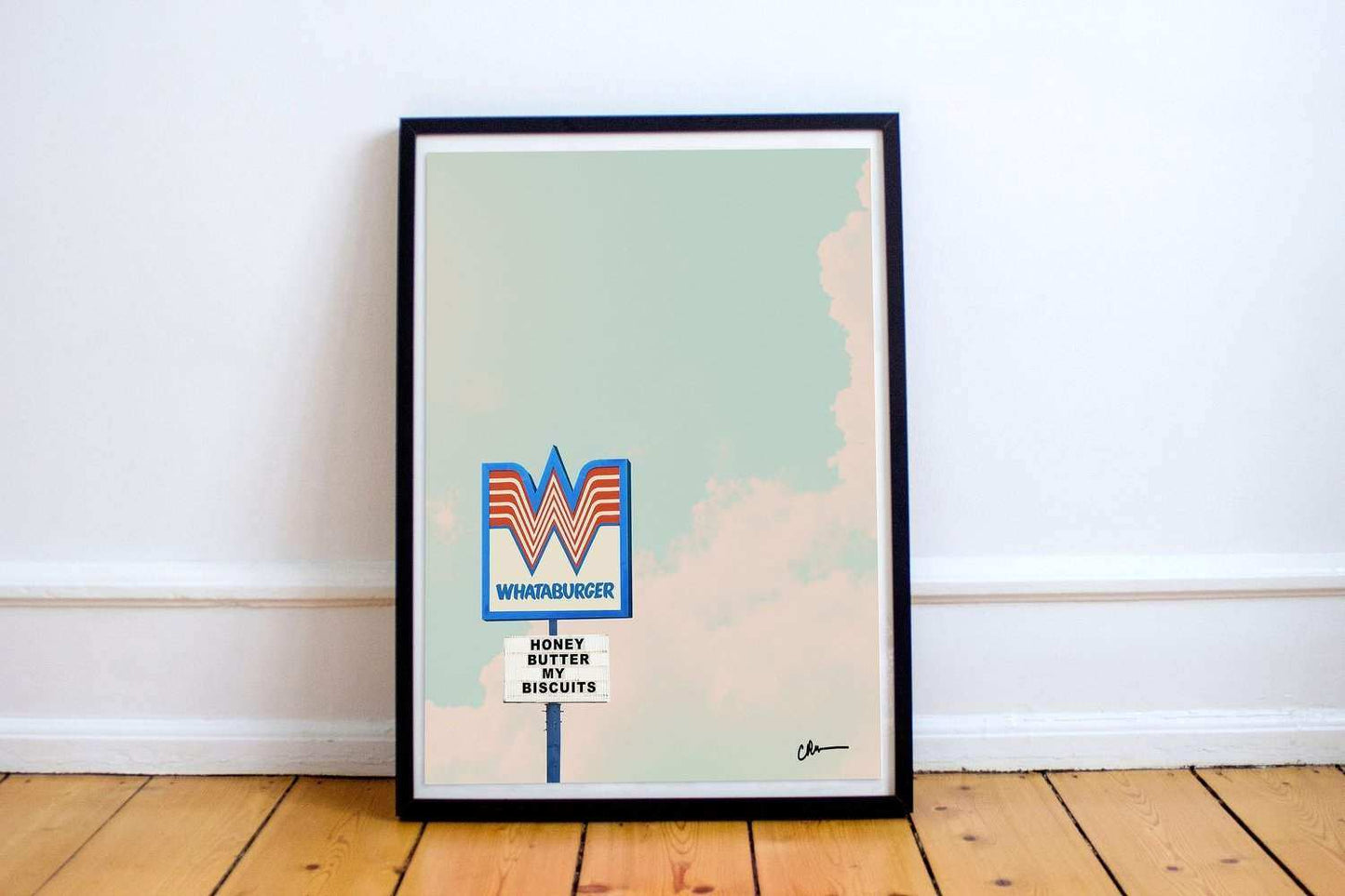 Whataburger Honey Butter My Biscuits art print with Texas sky background by Crum Art