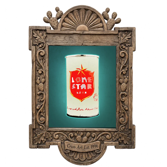 Lone Star Can — bar art print by Betsy Crum in a carved wood frame