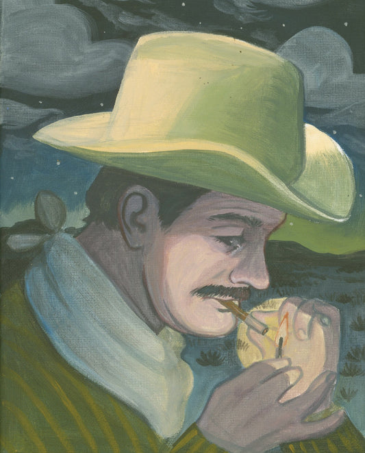 Midnight Smoker No. 1 art print by Caya Crum, cowboy in profile lighting a cigarette under a night sky