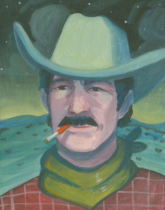 Midnight Smoker No. 2 art print by Caya Crum, mustached cowboy in a mint green hat on a teal night prairie