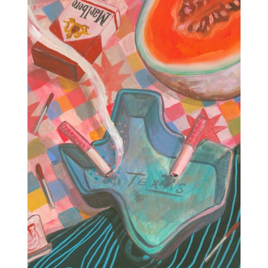 Cantaloupe, Cowboy Hat, and Cigarettes detail — the cut cantaloupe and cowboy hat