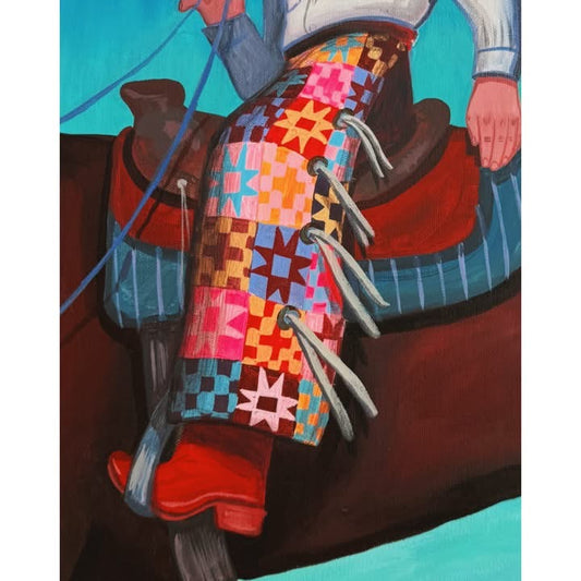 Desert Serenade detail — the quilt-pattern shirt and guitar