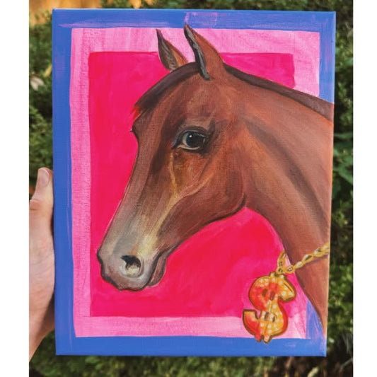 Dollar Days — the horse portrait in a blue and gold frame