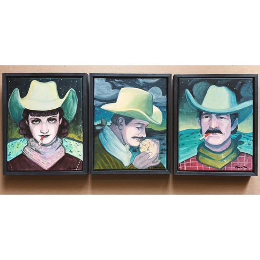 The Midnight Smoker series — all three paintings hung together