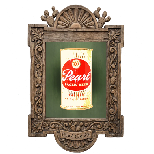 Pearl Beer Can Print — art print by Betsy Crum in a carved wood frame