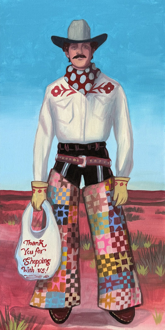 Quilted Cowboy art print by Caya Crum, cowboy in patchwork quilt chaps holding a thank you shopping bag