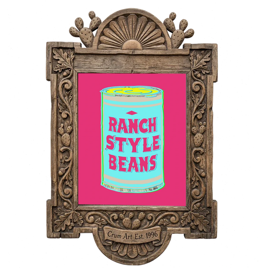 Ranch Style Beans can, pink and turquoise — kitchen art print by Betsy Crum in a carved wood frame