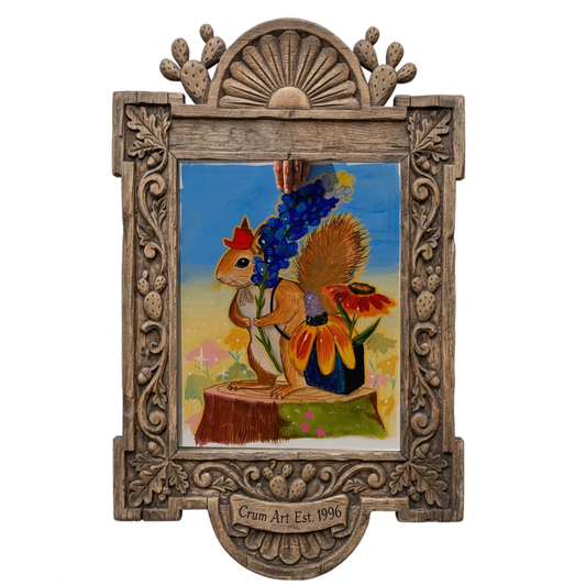 Ms. Squirrel in the Bluebonnets — art print by Caya Crum in a carved wood frame