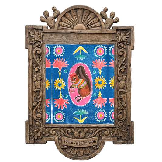 Ms. Squirrel & Purse by Caya Crum in a carved wood frame