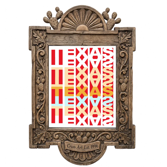 Texas Texas Texas Typography — Texas art print by Betsy Crum in a carved wood frame