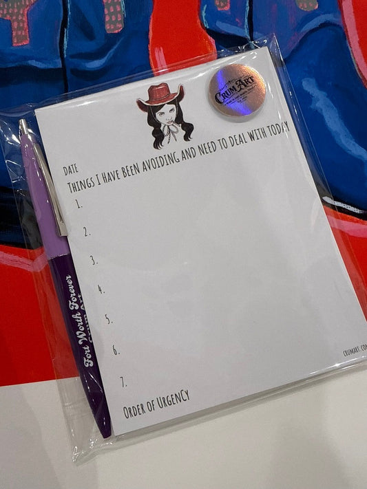 Things I Have Been Avoiding and Need to Deal With Today notepad, packaged with a purple Fort Worth Forever pen, Crum Art