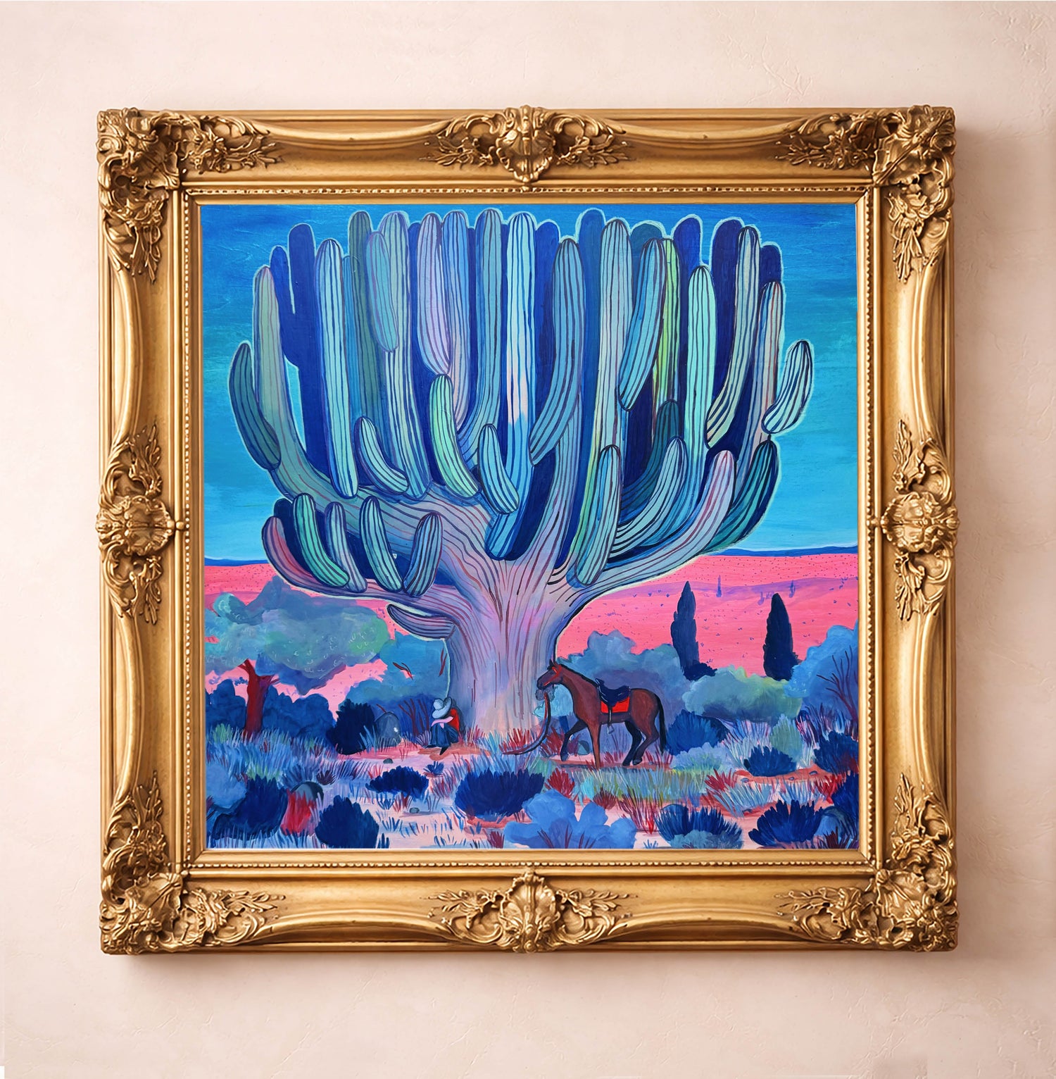 Psychedelic cosmic saguaro cactus and cowboy art print in hot pink and blue by Caya Crum