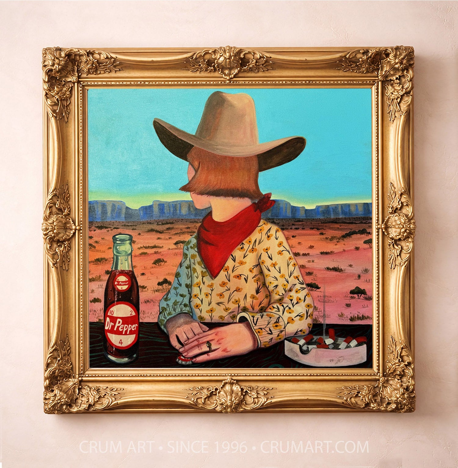 Caya's World Desert Self Portrait art print in a gold frame by Caya Crum — square Dr Pepper art from Crum Art, available at crumart.com. This museum quality print is made right here in Texas.