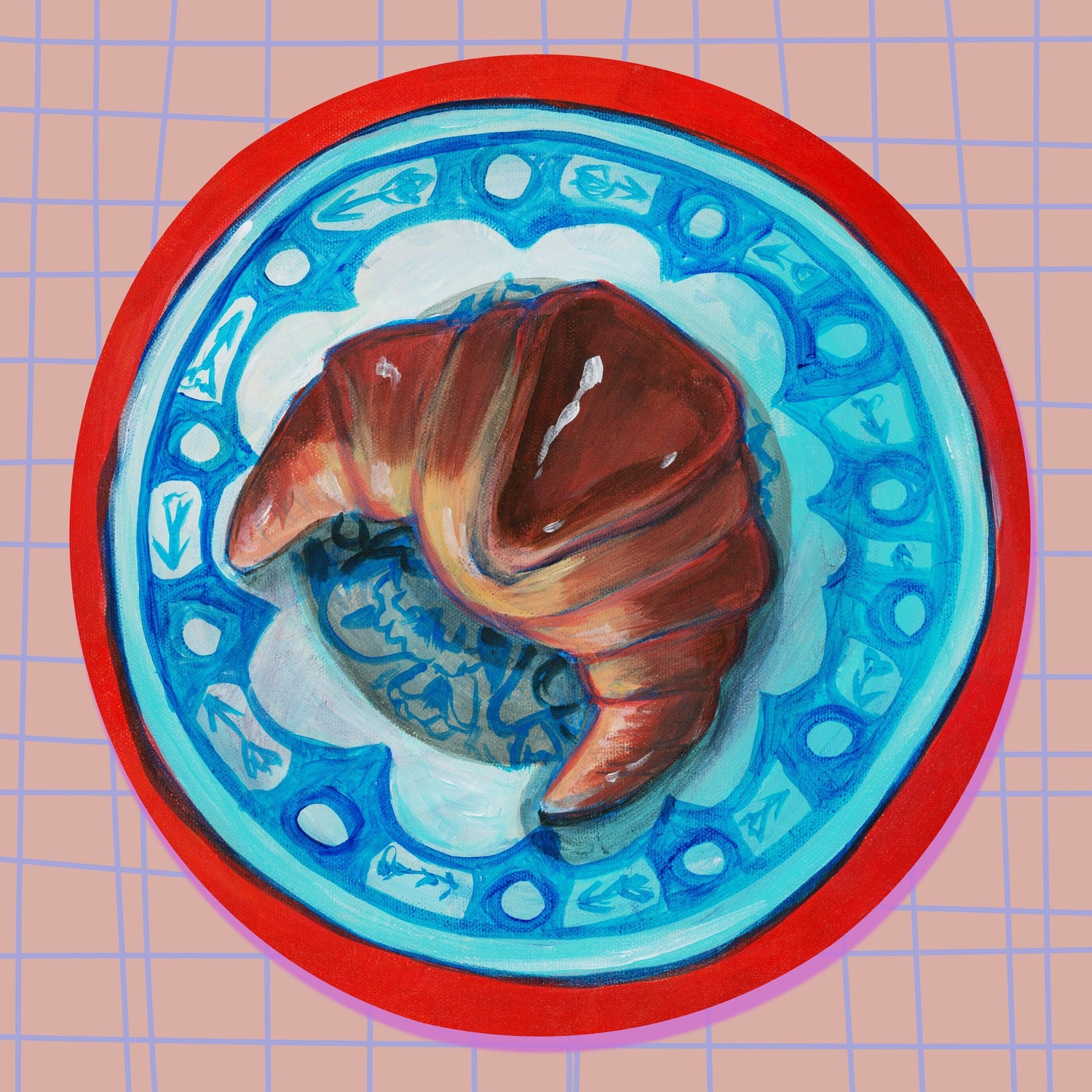 Croissant on a Chinoiserie Plate — original painting by Caya Crum