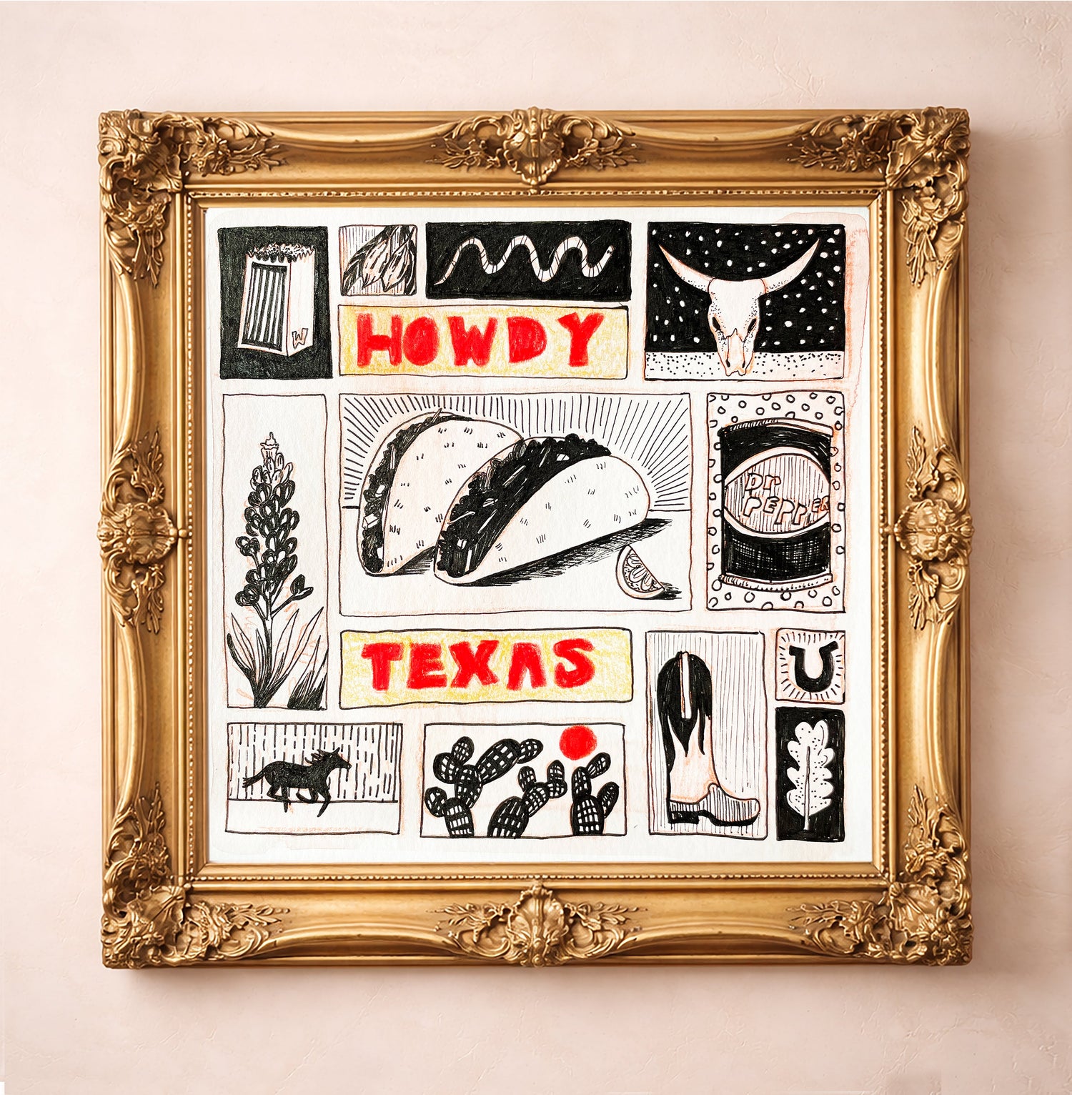 Howdy Texas Icons art print by Caya Crum in a gold frame
