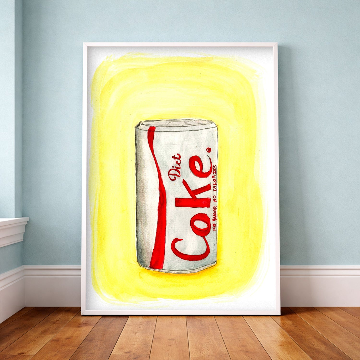 Diet Coke fridge cig art print by Tavi Crum framed in a light blue room