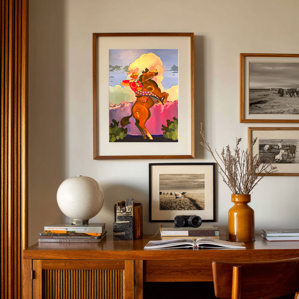 Wild Rainbow Bronc Buster Art Print – Western Rainbow Sky Cowboy Wall Decor | Caya Crum Art