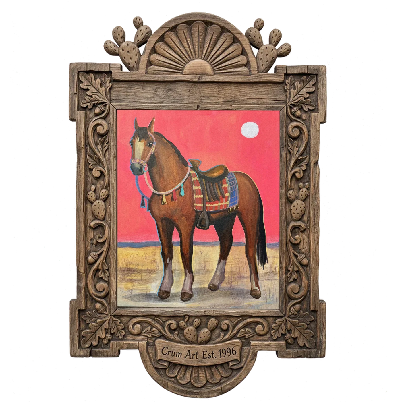 Horse Art Saddled Horse Pink Sky — art print in a carved wood frame, Crum Art