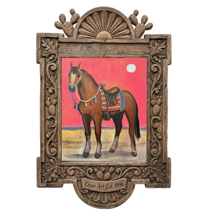 Saddled Horse Under a Pink Sky — horse art print by Caya Crum in a carved wood frame