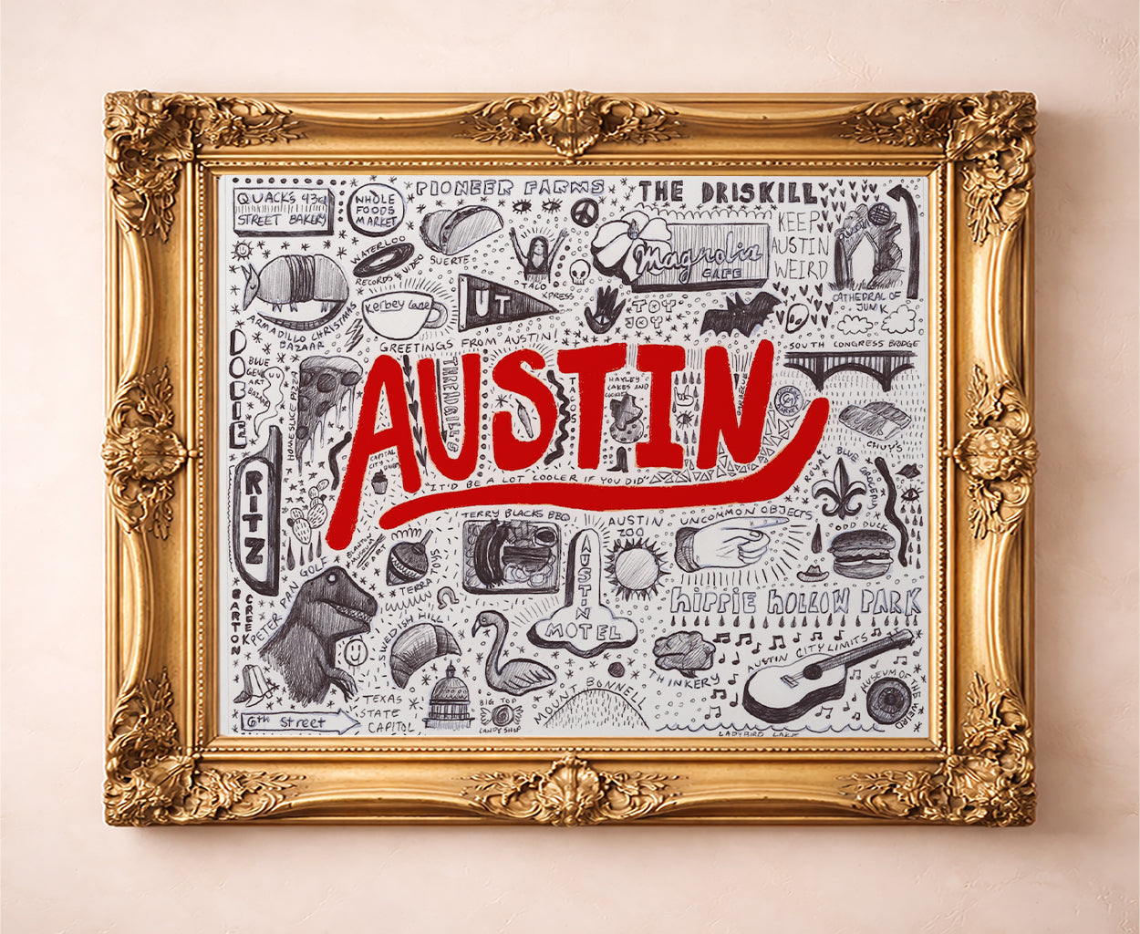 Austin icons pen and ink art print by Caya Crum in a gold frame, hand-drawn Austin landmarks