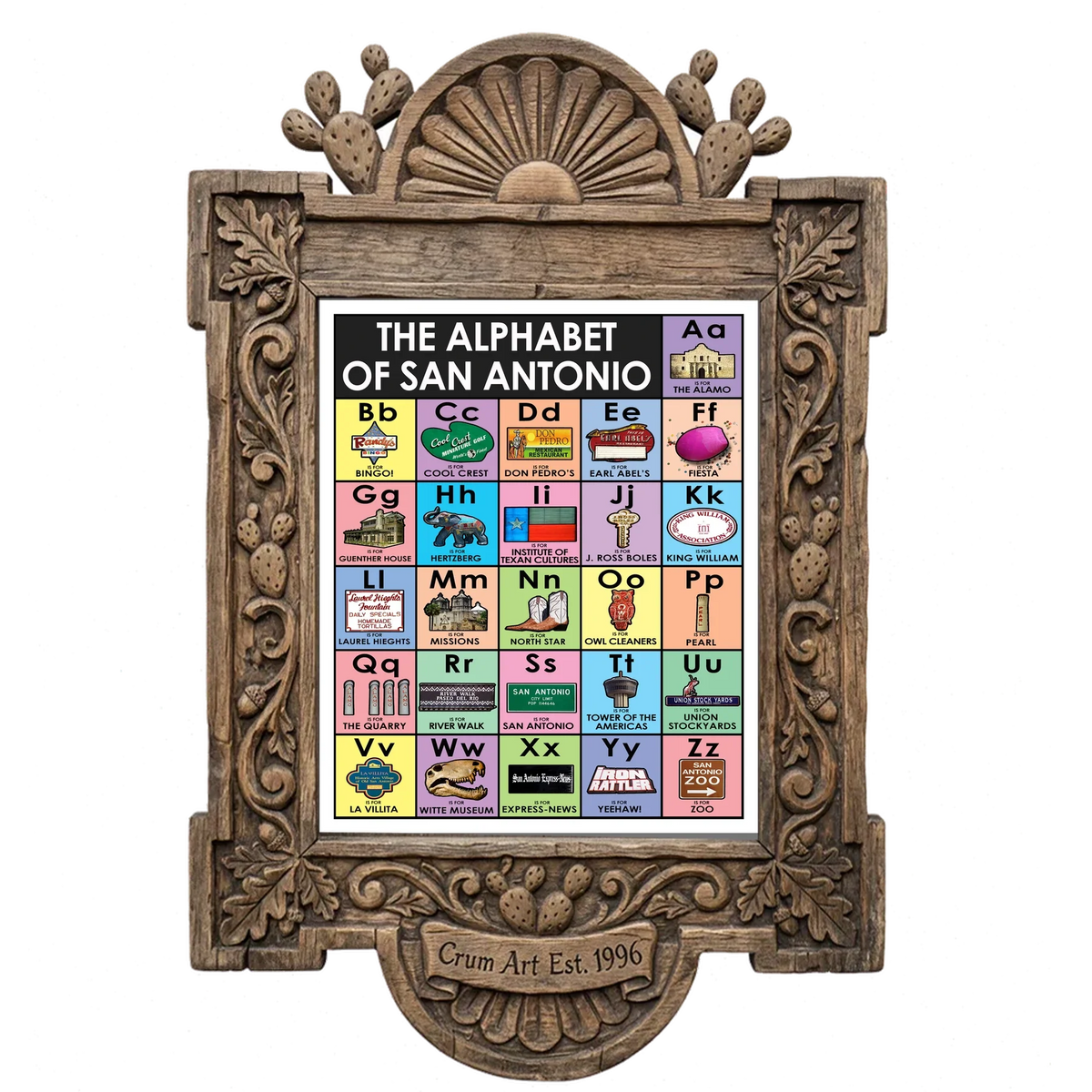 Alphabet — San Antonio art print by Betsy Crum in a carved wood frame