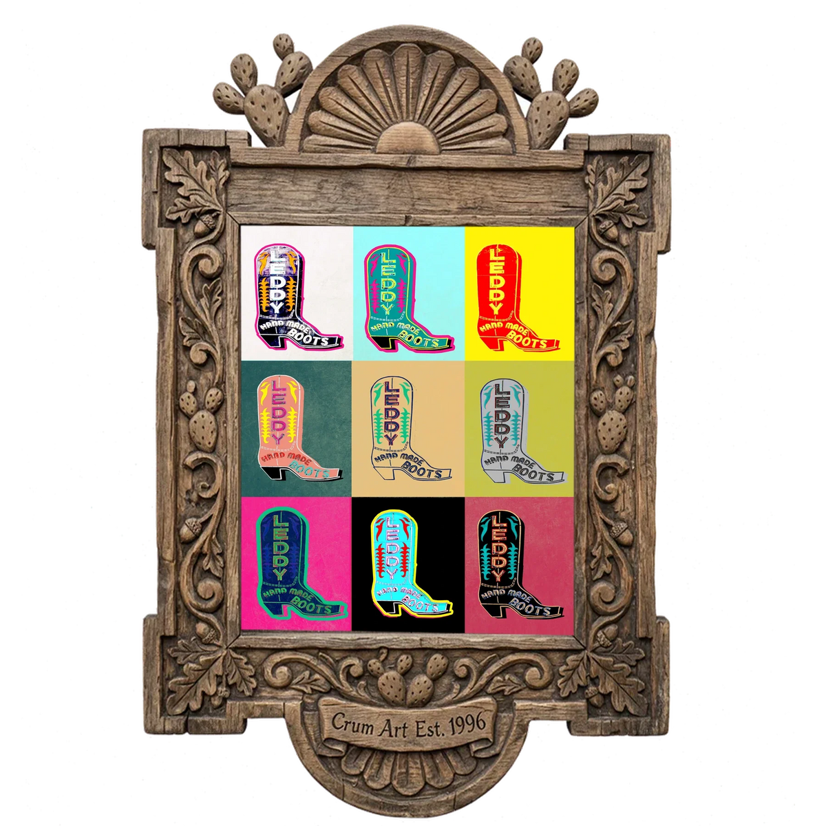 Leddy Boot Warhol — cowboy boot art print by Betsy Crum in a carved wood frame