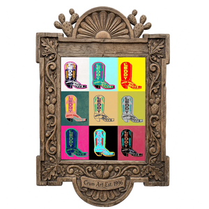 Leddy Boot Warhol — cowboy boot art print by Betsy Crum in a carved wood frame