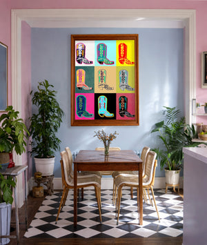 Leddy boots pop art print by Betsy Crum framed in a pink and blue room